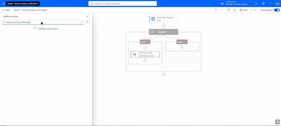 Demo 1: Course enquiry auto-reply flow being built in Power Automate